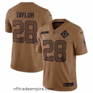 Alluring Indianapolis Colts 28 Jonathan Taylor 2023 Brown Salute To Sertvice Stitched Football Jersey