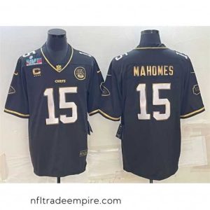 Magnificent Kansas City Chiefs 15 Patrick Mahomes Black Gold Super Bowl LVII Patch And 4 Star C Patch Vapor Untouchable Limited Stitched Jersey