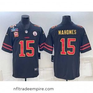 Magnificent Kansas City Chiefs 15 Patrick Mahomes Black Red Gold Super Bowl LVII Patch And 4 Star C Patch Vapor Untouchable Limited Stitched Jersey