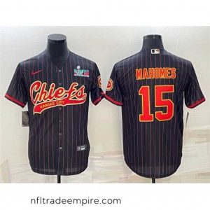 Stunning Kansas City Chiefs 15 Patrick Mahomes Black With Super Bowl LVII Patch Cool Base Stitched Baseball Jersey