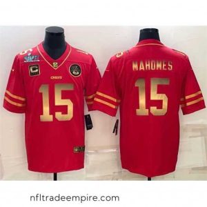 Stunning Kansas City Chiefs 15 Patrick Mahomes Red Gold Super Bowl LVII Patch And 4 Star C Patch Vapor Untouchable Limited Stitched Jersey