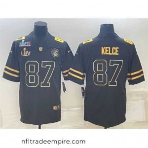 Delightful Kansas City Chiefs 87 Travis Kelce Black Golden Super Bowl LV And Super Bowl LVII Patch Vapor Limited Stitched Jersey