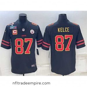 Alluring Kansas City Chiefs 87 Travis Kelce Black Red Gold Super Bowl LVII Patch And 4 Star C Patch Vapor Untouchable Limited Stitched Jersey