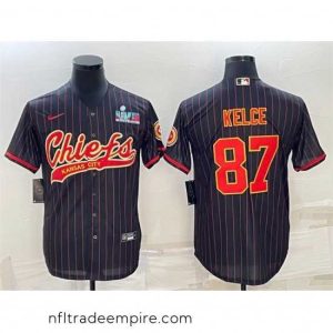 Exquisite Kansas City Chiefs 87 Travis Kelce Black With Super Bowl LVII Patch Cool Base Stitched Baseball Jersey