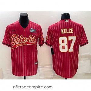 Enchanting Kansas City Chiefs 87 Travis Kelce Red With Super Bowl LVII Patch Cool Base Stitched Baseball Jersey