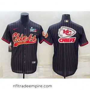 Stunning Kansas City Chiefs Black Team Big Logo With Super Bowl LVII Patch Cool Base Stitched Baseball Jersey