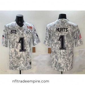 Stunning Philadelphia Eagles 1 Jalen Hurts Arctic Camo 2025 Super Bowl LIX Patch F.U.S.E Salute To Service Limited Stitched Football Jersey