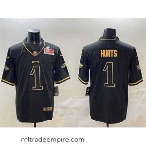 Alluring Philadelphia Eagles 1 Jalen Hurts Black Gold 2025 Super Bowl LIX Patch Salute To Service Vapor Untouchable Limited Stitched Football Jersey