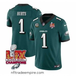 Gorgeous Philadelphia Eagles 1 Jalen Hurts Green 2025 Eagles Logo Super Bowl LIX Patch With 4 Star C Patch New F.U.S.E  Vapor Untouchable Limited Stitched Footb