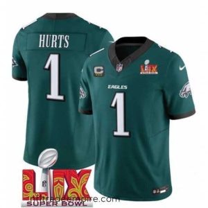 Delightful Philadelphia Eagles 1 Jalen Hurts Green 2025 Super Bowl LIX Patch With 3 Star C Patch New F.U.S.E  Vapor Untouchable Limited Stitched Football Jersey