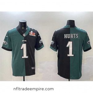 Irresistible Philadelphia Eagles 1 Jalen Hurts Green  26 Black Split 2025 Super Bowl LIX Patch Vapor Untouchable Limited Stitched Football Jersey