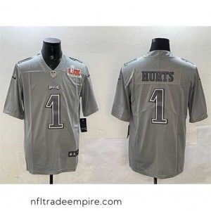 Alluring Philadelphia Eagles 1 Jalen Hurts Grey 2025 Super Bowl LIX Patch Atmosphere Fashion Vapor Untouchable Limited Stitched Football Jersey
