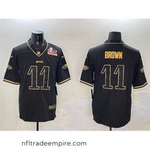 Enchanting Philadelphia Eagles 11 A  J  Brown Black Gold 2025 Super Bowl LIX Patch Salute To Service Vapor Untouchable Limited Stitched Football Jersey