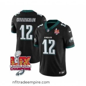 Exquisite Philadelphia Eagles 12 Randall Cunningham Black 2025 Eagles Logo Super Bowl LIX Patch New F.U.S.E  Vapor Limited Stitched Football Jersey