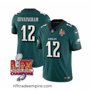 Alluring Philadelphia Eagles 12 Randall Cunningham Green 2025 Eagles Logo Super Bowl LIX Patch New F.U.S.E  Vapor Limited Stitched Football Jersey