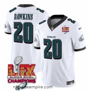 Delightful Philadelphia Eagles 20 Brian Dawkins White 2025 Eagles Logo Super Bowl LIX Patch New F.U.S.E  Vapor Limited Stitched Football Jersey