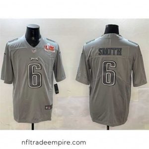 Stunning Philadelphia Eagles 6 DeVonta Smith Grey 2025 Super Bowl LIX Patch Atmosphere Fashion Vapor Untouchable Limited Stitched Football Jersey