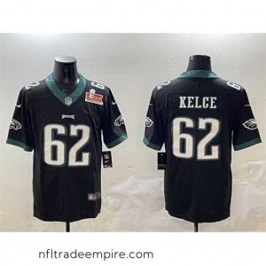 Stunning Philadelphia Eagles 62 Jason Kelce Black 2025 Super Bowl LIX Patch Vapor Untouchable Limited Stitched Football Jersey