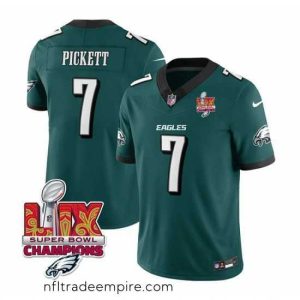 Superb Philadelphia Eagles 7 Kenny Pickett Green 2025 Eagles Logo Super Bowl LIX Patch New F.U.S.E  Vapor Limited Stitched Football Jersey