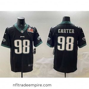 Magnificent Philadelphia Eagles 98 Jalen Carter Black 2025 Super Bowl LIX Patch Vapor Untouchable Limited Stitched Football Jersey