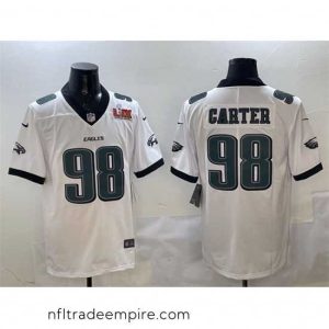 Stunning Philadelphia Eagles 98 Jalen Carter White 2025 Super Bowl LIX Patch New Vapor Untouchable Limited Stitched Football Jersey