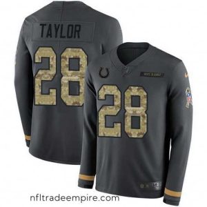 Alluring Nike Colts 28 Jonathan Taylor Anthracite Salute to Service Stitched NFL Limited Therma Long Sleeve Jersey