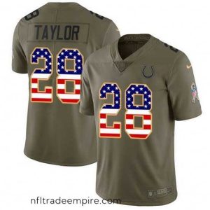 Gorgeous Nike Colts 28 Jonathan Taylor Olive USA Flag Stitched NFL Limited 2017 Salute To Service Jersey