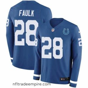 Magnificent Nike Colts 28 Marshall Faulk Royal Blue Team Color s Stitched NFL Limited Therma Long Sleeve Jersey