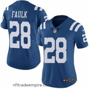Charming Nike Colts #28 Marshall Faulk Royal Blue Womens Stitched NFL Limited Rush Jersey