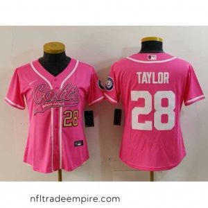 Charming Indianapolis Colts 28 Jonathan Taylor Pink With Patch Cool Base Stitched Baseball Jersey 1