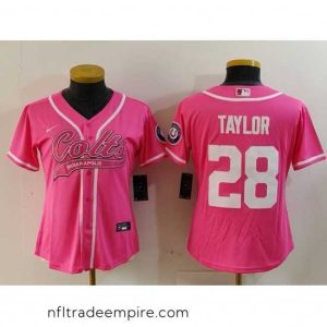 Gorgeous Indianapolis Colts 28 Jonathan Taylor Pink With Patch Cool Base Stitched Baseball Jersey 2
