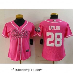 Exquisite Indianapolis Colts 28 Jonathan Taylor Pink With Patch Cool Base Stitched Baseball Jersey