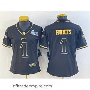 Stunning Philadelphia Eagles 1 Jalen Hurts Black Golden Edition Super Bowl LVII Patch Stitched Football Jersey