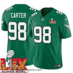 Stunning Philadelphia Eagles Jalen Carter #98 Kelly Green 2024 2025 Super Bowl LIX F.U.S.E Stitched NFL Jersey